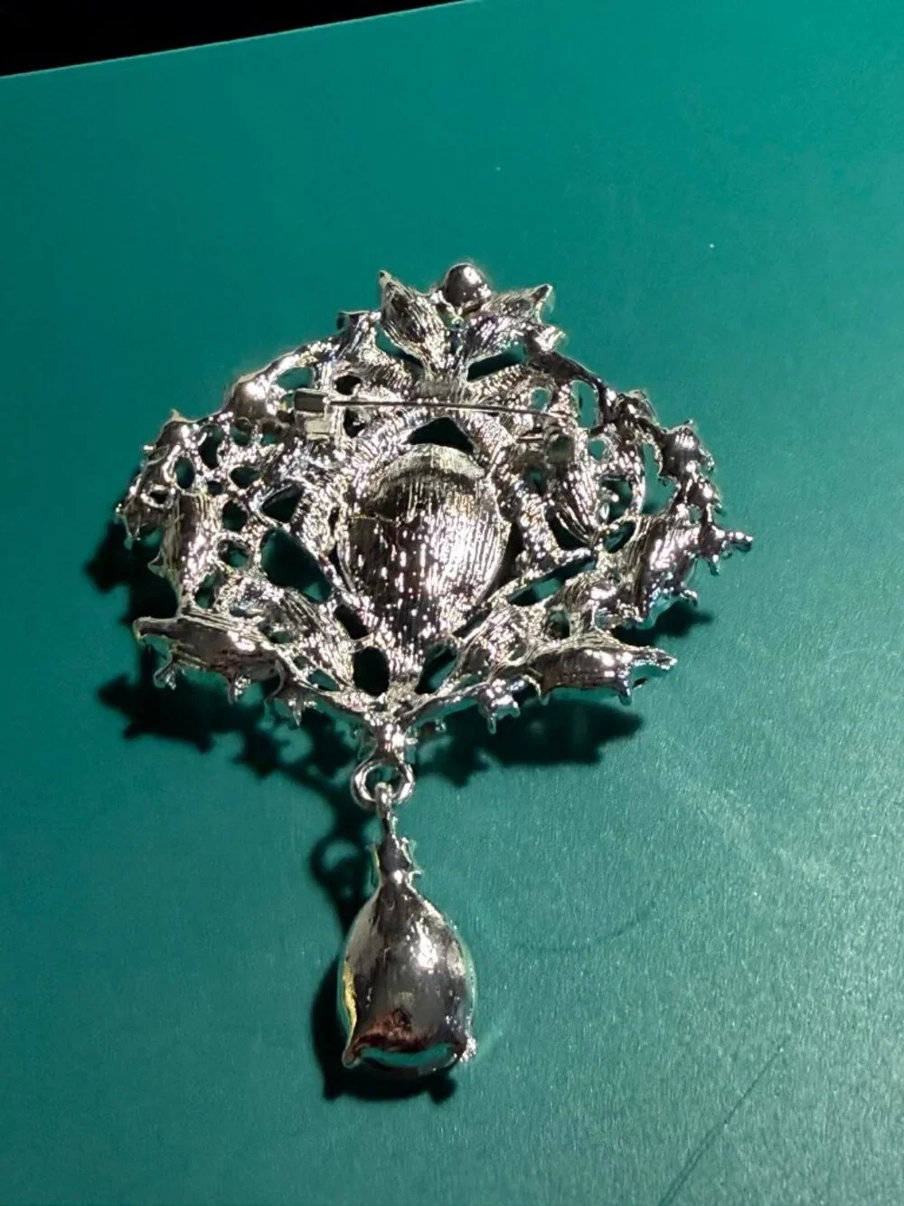 Silver-Tone Rhinestone Floral Brooch with Teardrop Dangle